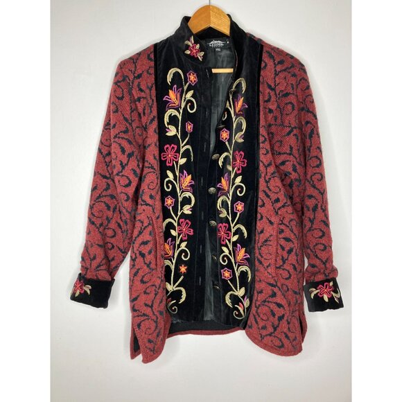 Icelandic Design Embroidered Floral Wool Blend Velvet Trim Womens Medium - Picture 1 of 8
